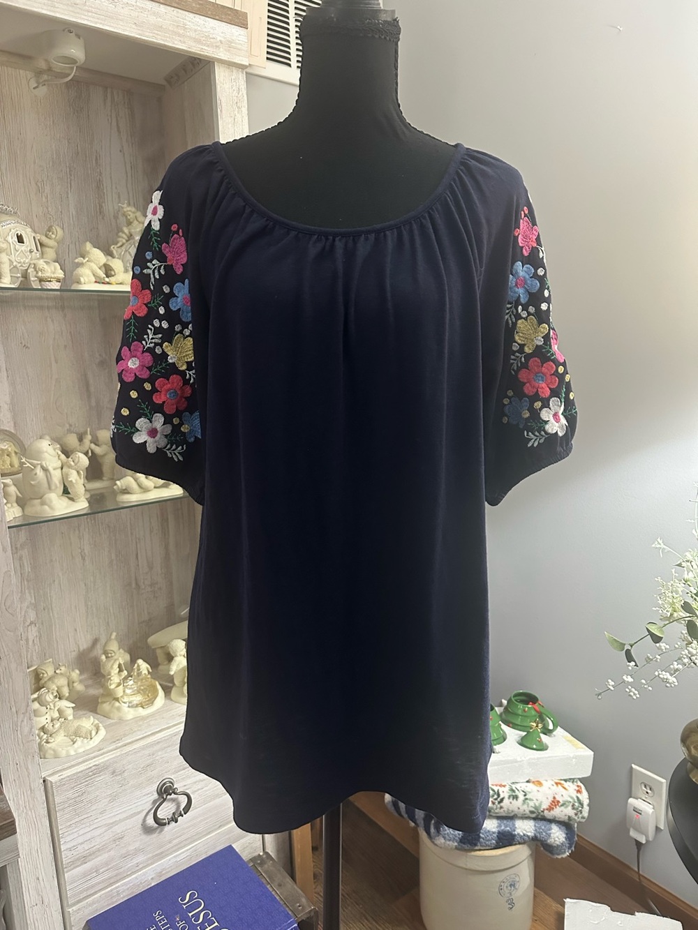 Talbots Navy Blouse with Multicolor Floral Embroidered Puff Sleeves